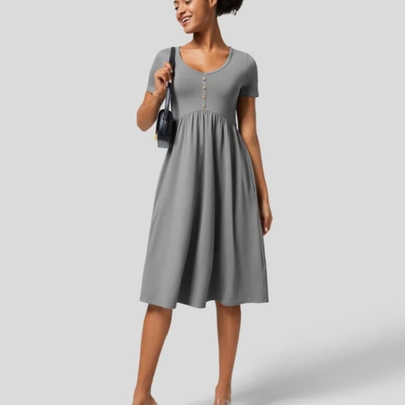 HALARA Dresses & Skirts - Halara Neck Decorative Button Short Sleeve Side Pocket Midi Casual Dress Size XL